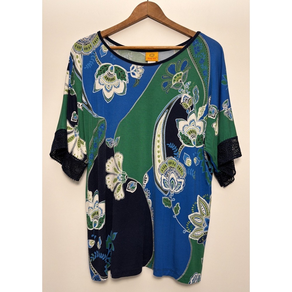 Ruby R. Women's Green Blue Floral Blouse Size Large Soft Rayon Blend Lace